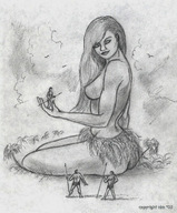 breasts nipples gentle giantess monochrome butt handheld smiling sitting pencil_drawing nikko crowds looking_at_tiny grass_skirt makeshift_clothing