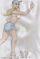 drawing giantess blonde long_hair nipping shorts thrown nikko bikini_top impaled no_background