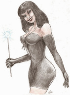 nipples black_hair color gloves dress grin shrunken_man dangle pencil_drawing nikko pendant magic_wand