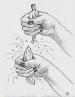 monochrome handheld transformation shrunken_man magic banana pencil_drawing nikko nail_polish
