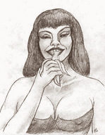 nipples vore monochrome handheld cleavage dress transformation shrunken_man cruel banana pencil_drawing nikko
