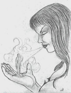 monochrome handheld smoking shrunken_man pencil_drawing nikko closed_eyes blowing_smoke on_palm