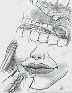 vore monochrome tongue teeth smiling cruel inside_mouth pencil_drawing nikko between_fingers melting