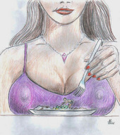 drawing giantess long_hair nipping brunette food nikko necklace imminent_vore on_plate