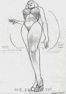 blonde monochrome swimsuit smiling sandals pencil_drawing nikko crowds