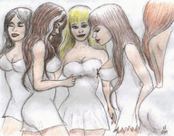 drawing blonde black_hair long_hair multiple_giantesses nipping brunette red_hair giantesses nikko