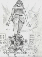 drawing giantess city monochrome destruction airplane monster jets nikko