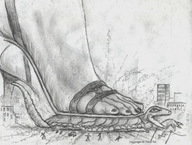 drawing giantess crush city monochrome small_men buildings vehicles outdoors nikko gamera