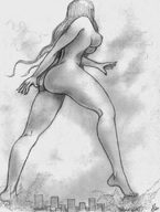 drawing giantess crush nude city mega monochrome long_hair destruction outdoors nikko