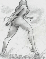drawing giantess nude city mega monochrome long_hair destruction rampage nikko no_background