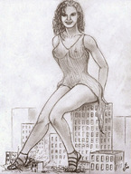 drawing giantess crush city monochrome long_hair destruction buildings sandals bus vehicles nikko no_background see_through_clothing