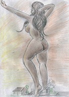 drawing giantess nude long_hair destruction dark_skin houses outdoors nikko sunrise