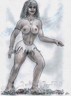 drawing giantess crush city long_hair destruction blood topless dark_skin nikko ankle_bracelet bracelet vehicle_crush