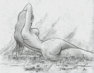 mega monochrome destruction butt_crush smiling lying_down body_exploration pencil_drawing nikko crowds looking_at_tiny