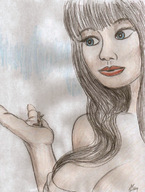 drawing giantess color blue_eyes handheld cleavage brunette nikko looking_at_victim