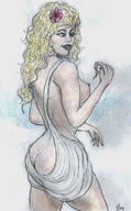 drawing giantess nude blonde long_hair handheld flower curly_hair nikko no_background