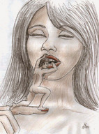 giantess nude long_hair brunette nikko closed_eyes no_background opening_mouth