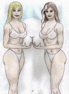 drawing giantess blonde swimsuit handheld brunette giantesses nikko no_background