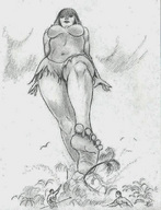 breasts monochrome barefoot brunette smiling unaware stroll pencil_drawing nikko point_of_view crowds
