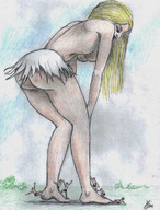 drawing giantess blonde long_hair topless worship nikko