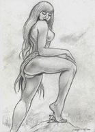 drawing giantess monochrome long_hair topless under_foot nikko no_background