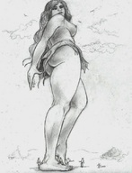 drawing giantess feet monochrome topless nikko no_background little_men