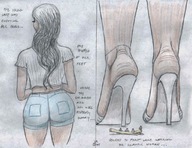 drawing color long_hair clothed high_heels story shorts unaware shrunken_man nikko top