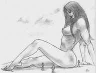 breasts nude monochrome brunette smiling sitting foot_play pencil_drawing nikko crowds looking_at_tiny