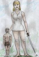 drawing blonde color sword barefoot mini_giantess pigtails standing nikko necklace