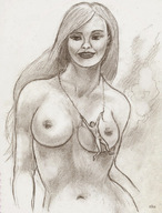 drawing monochrome long_hair topless nikko necklace hanging_on no_background