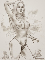 drawing giantess monochrome long_hair topless nikko necklace trapped_in_clothes