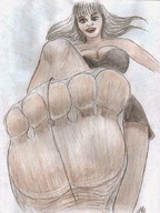 drawing giantess color long_hair brunette stockings nikko point_of_view looking_at_viewer raised_foot