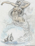 breasts drawing giantess white_hair nude color ocean boats outdoors nikko sea_goddess