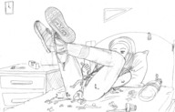 drawing insertion nude pussy monochrome handheld bed shoes shrunken_men pencil_drawing bedroom