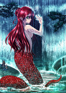 drawing gentle color small_woman bath water green_eyes waterfall knights red_hair snake_girl hana-keijou commission scales kalamew