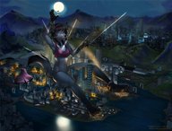 drawing giantess furry tail anthro city black_hair color large_breasts long_hair bridge destruction blue_eyes handheld barefoot cleavage buildings helicopter paws sitting piercings fire canine shorts mountains lake boats night thighs jewelry ships earrings top yellow07 bracelet hairband spotlights bare_legs bare_midriff discarded_clothing vagabondbastard