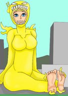 drawing giantess city blonde barefoot cosplay outdoors