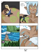 giantess comic blue_hair brunette waterfall embarrassed short_hair sitting outdoors trees washing pointed_ears