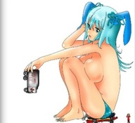 breasts giantess handheld barefoot butt_crush blue_hair sitting dangle vehicles source_needed van