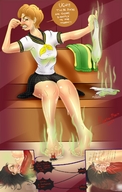 comic color toes barefoot sweat socks uniform trample unaware shrunken_woman english smelly stinky_feet persona_4 apeiron-macro yukiko_amagi chie_satonaka below_foot