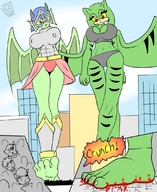 breasts drawing giantess crush panties wings city mega barefoot bra nipping blood looking_down giantesses outdoors green_skin