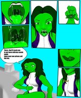 drawing giantess vore comic color tongue teeth buildings saliva open_mouth falling inside_mouth dangle swallowed point_of_view dropped leotard green_skin realmwarssii she-hulk abomination marvel_comics
