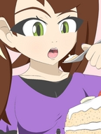 drawing micro vore color green_eyes brunette cake spoon shrunken_people nail_polish looking_at_tiny tehnerfbear