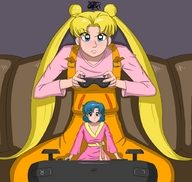 drawing size_difference blonde color long_hair blue_eyes anime blue_hair sailor_moon shrunken_woman commission video_games ami_mizuno usagi_tsukino normaldeviant
