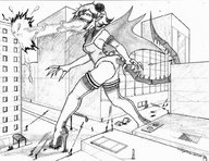 drawing giantess crush tail wings monochrome destruction claws buildings blood boots fighting vehicle_crush pointed_ears atomic_breath big_mouth