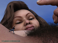 nude long_hair shrunken_men shrunken_man hairy_pussy no_background digital_render finger_raised