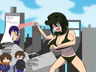 drawing giantess city black_hair color swimsuit huge_breasts cosplay outdoors costume orange_eyes herretik
