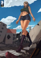 drawing comic color destruction low_angle boots clouds outdoors sky point_of_view giantessfan sample_image staring_into_distance vacant_expression empty_city