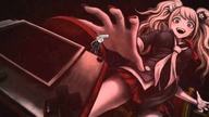 drawing skirt twintails reaching shrunken_man open_mouth nail_polish