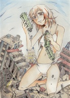 drawing giantess crush city long_hair swimsuit destruction rampage buildings train vehicles outdoors